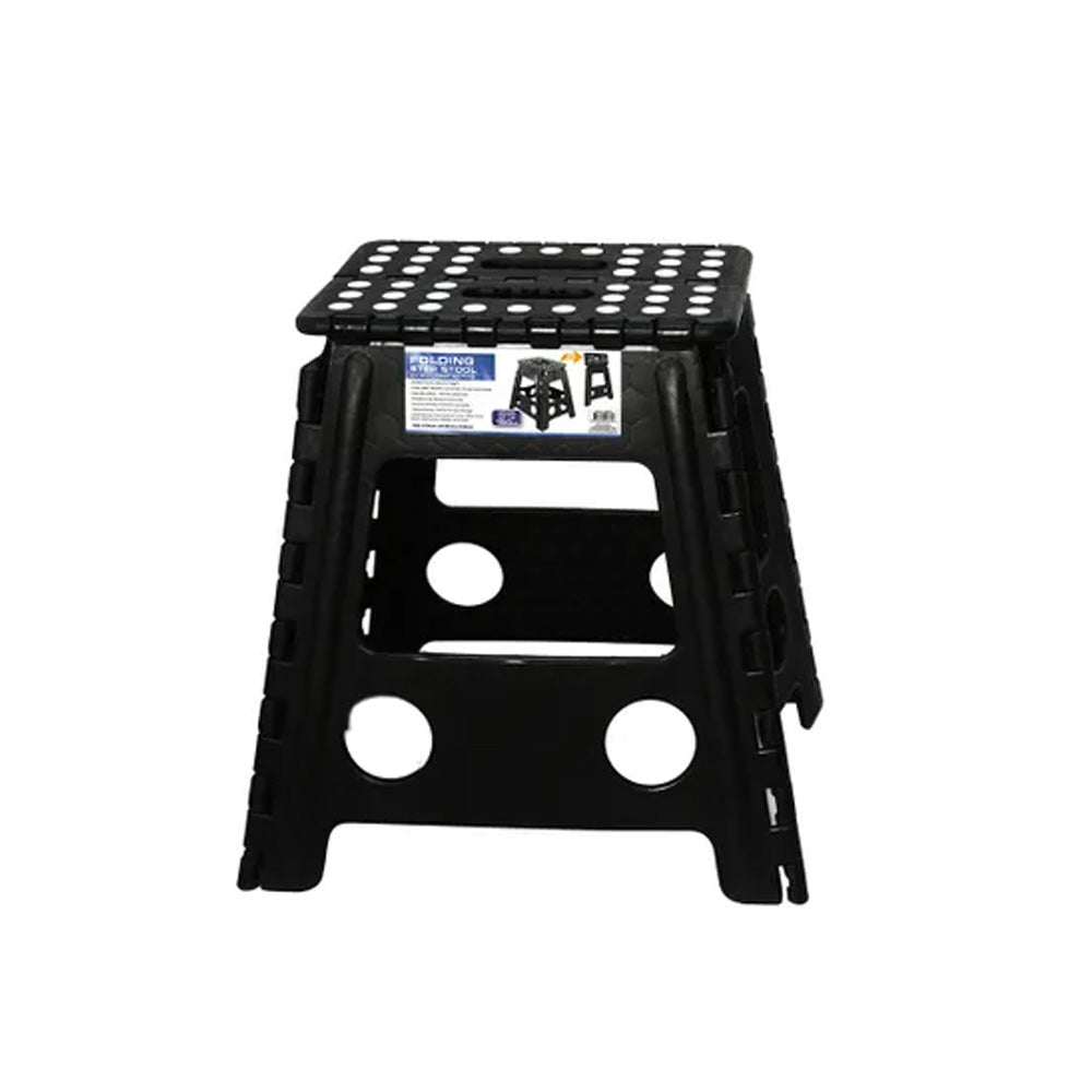 Black folding step stool on a white background