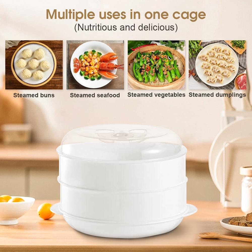 White steamer basket on a wooden table with images of steamed food above it.
