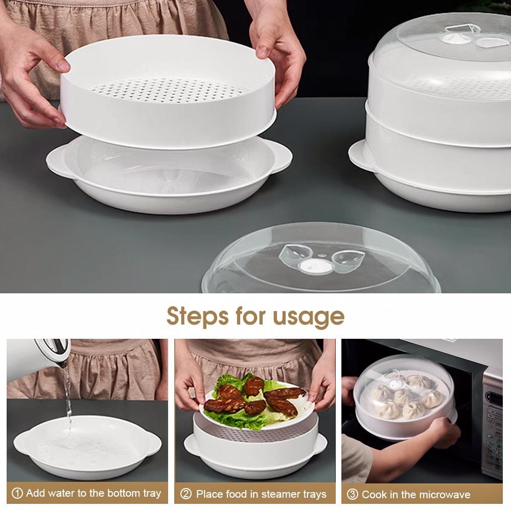 White microwave steamer with step-by-step usage instructions on a gray background