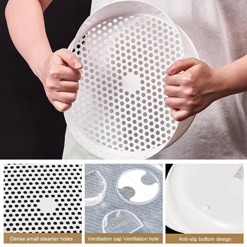 Person holding a perforated white steamer disk with close-up details of design features.