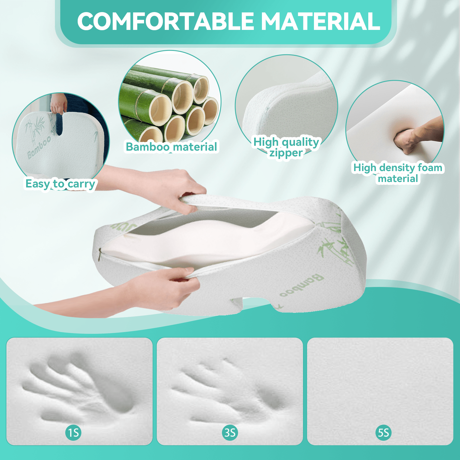 Product with text highlighting comfortable material features on a teal background