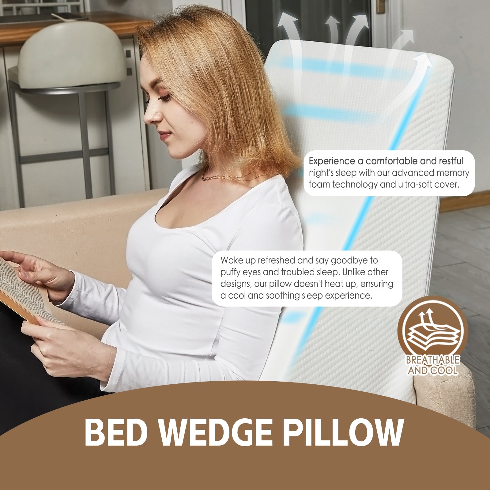 Woman reading a book with a bed wedge pillow in the foreground, emphasizing comfort and rest.