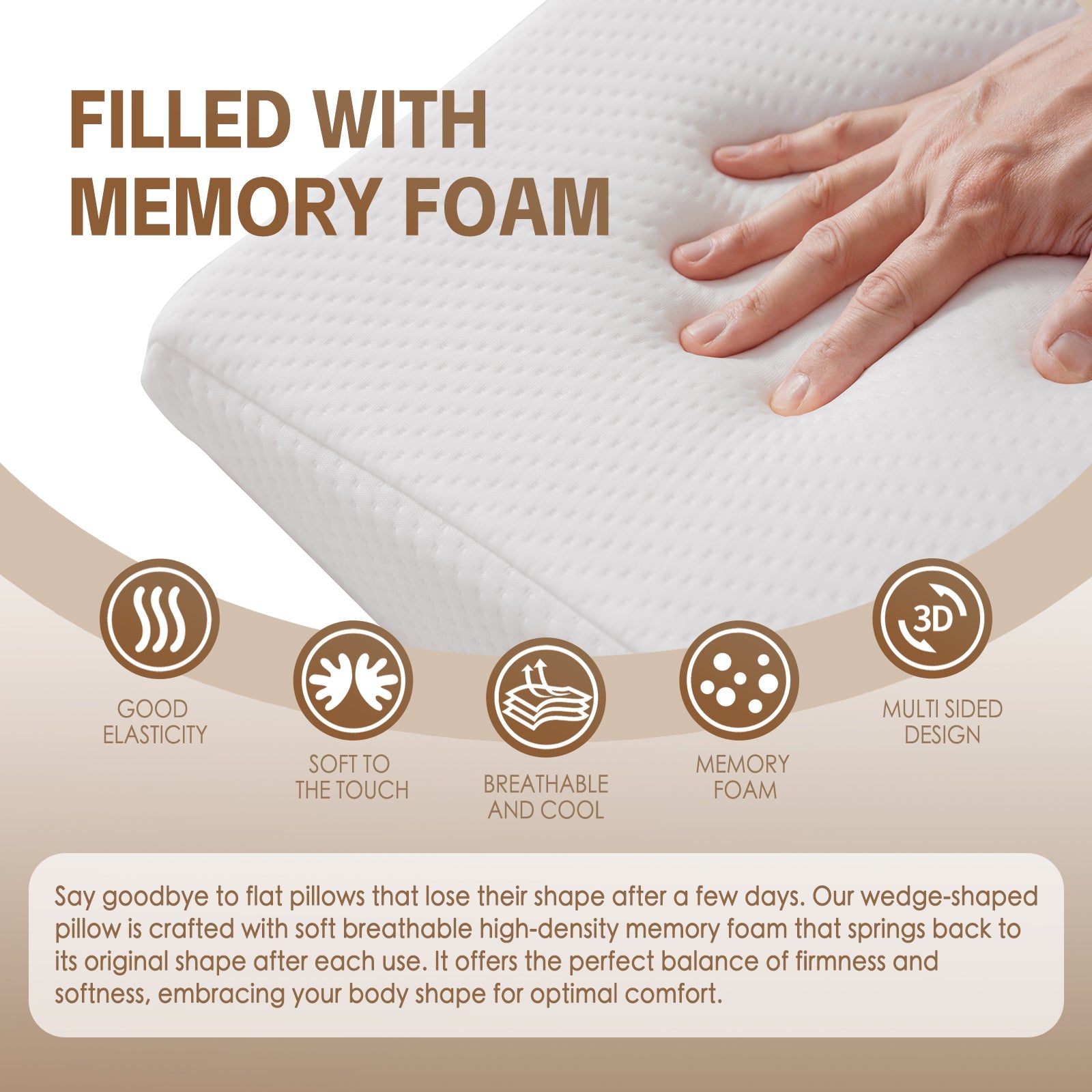 Memory foam pillow with hand pressing down, features text and icons about memory foam properties.