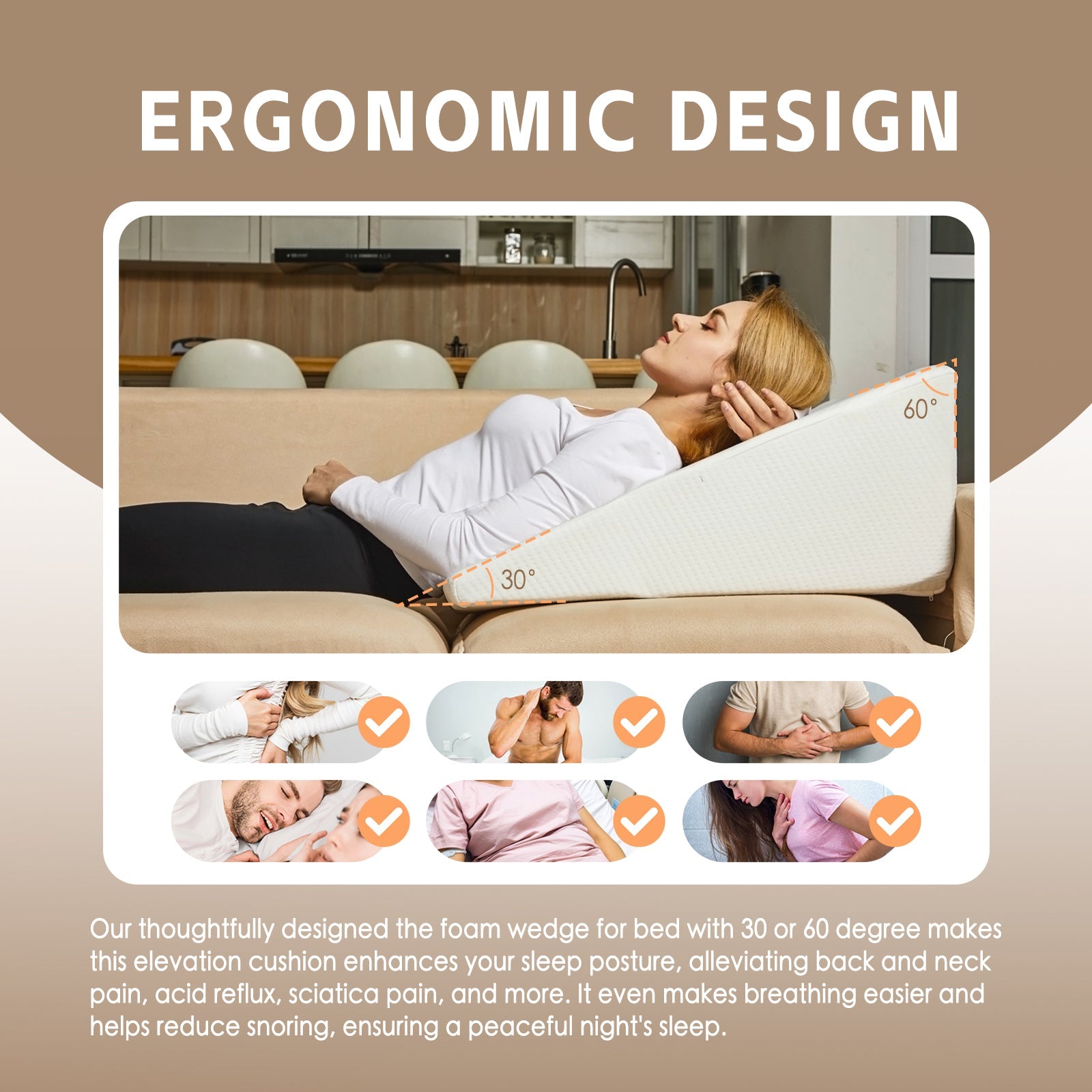 Woman lying on an ergonomic design foam wedge with text explaining its benefits.