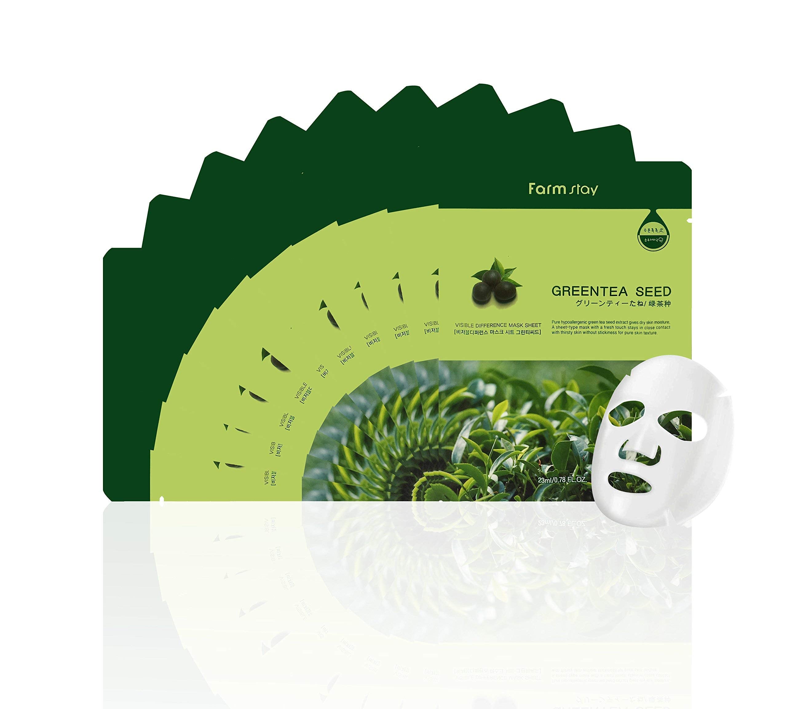 Farm Stay Green Tea Seed face mask packaging with a white mask on a white background