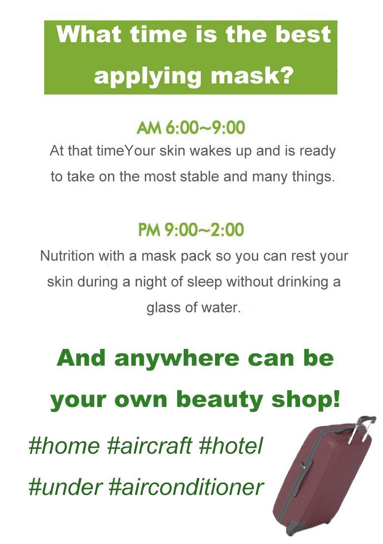 Text explaining the best time to apply a mask with a green background and a suitcase at the bottom.
