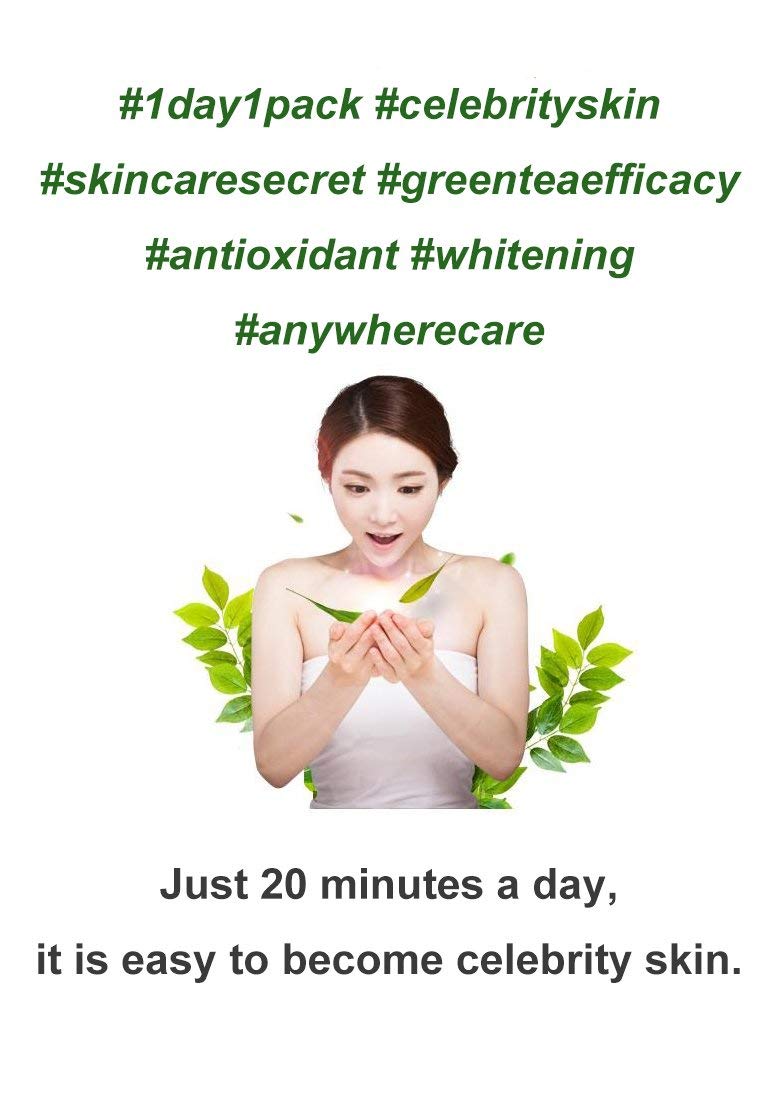 Woman holding green leaves with text about skincare products on a white background