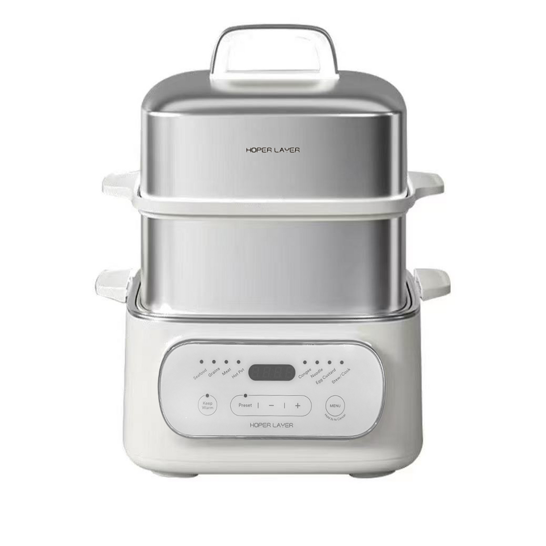 White and silver multi-functional kitchen appliance with digital display on a white background