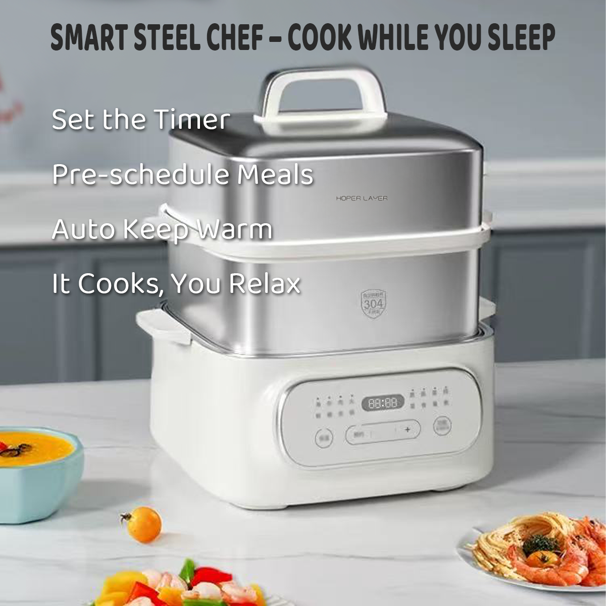 Smart steel chef appliance with features listed on a kitchen background