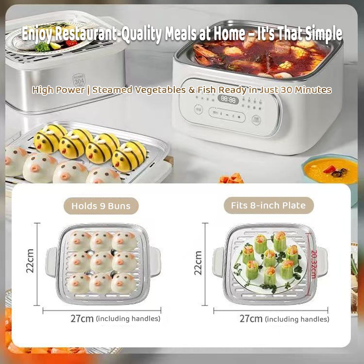 Electric steamer with food and features displayed on a white background