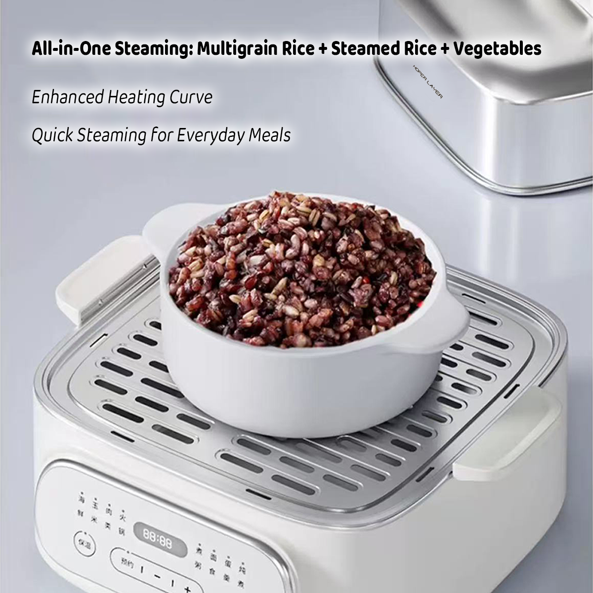 White rice cooker with a bowl of brown rice on a gray background