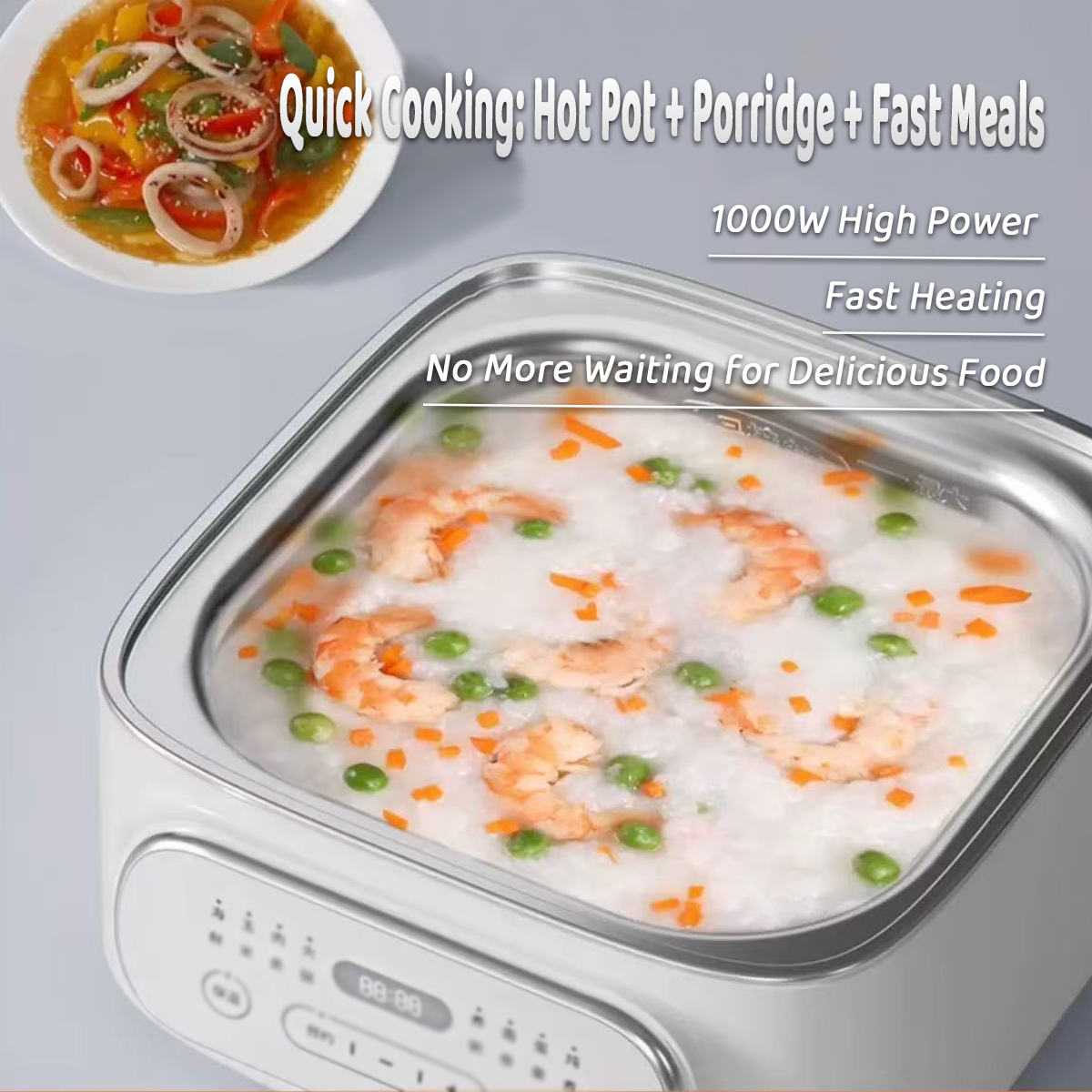 Electric hot pot with food inside on a gray background, featuring text about quick cooking.
