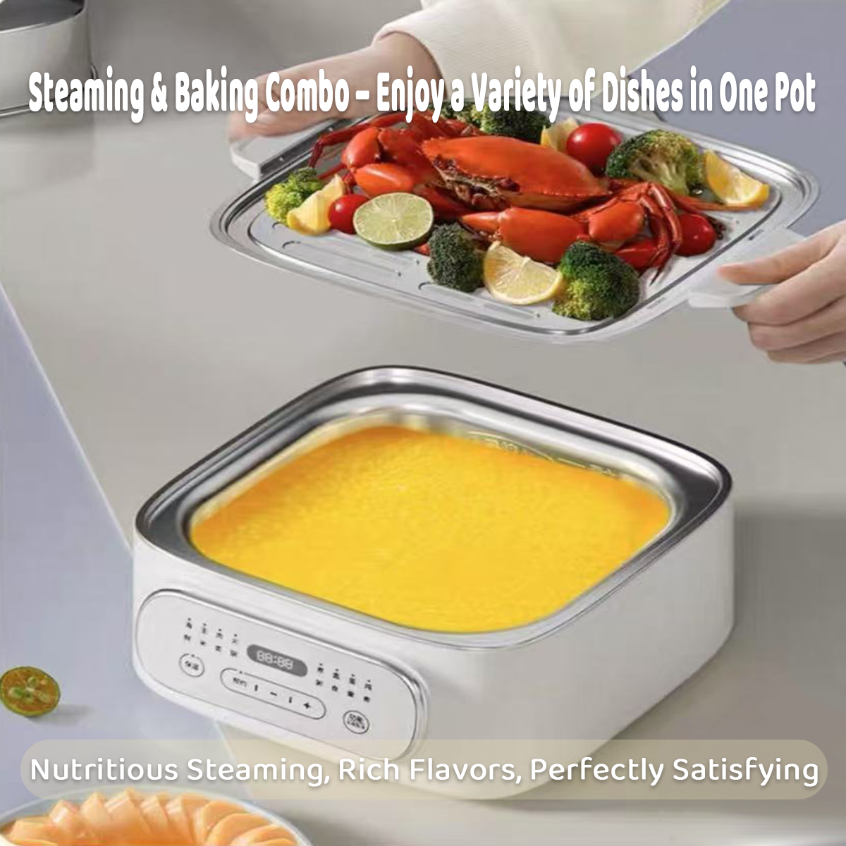 Multifunctional cooking device with steamed vegetables and a dish of yellow food on a gray surface.