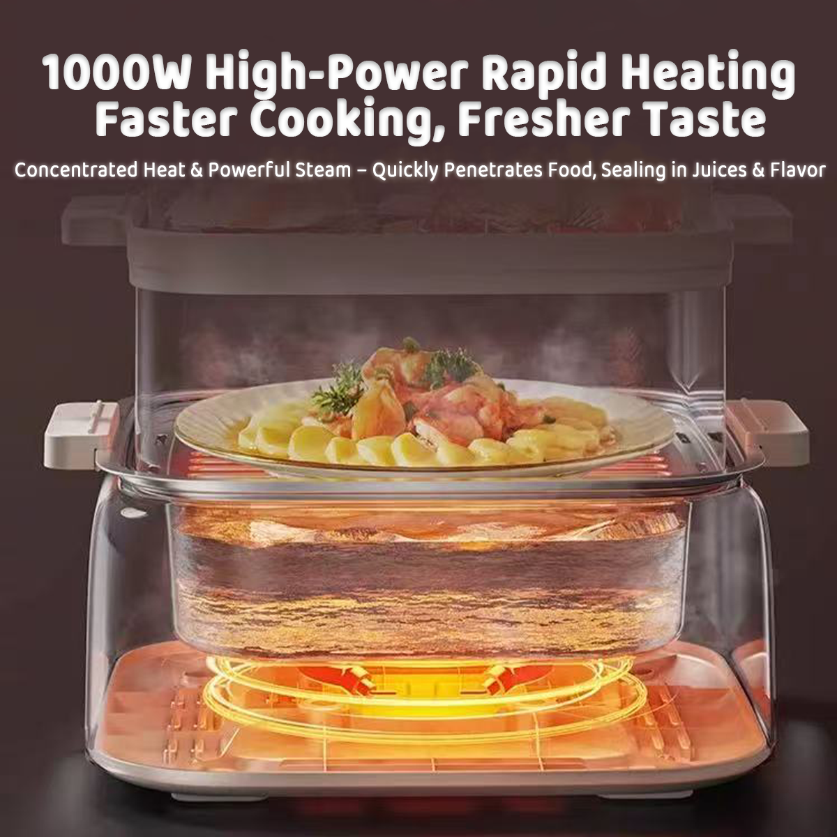 High-power rapid heating device with food inside, showing cooking process.