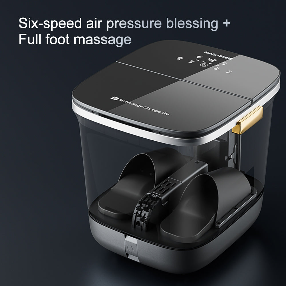 Black foot massager with six-speed air pressure and full foot massage on a dark background