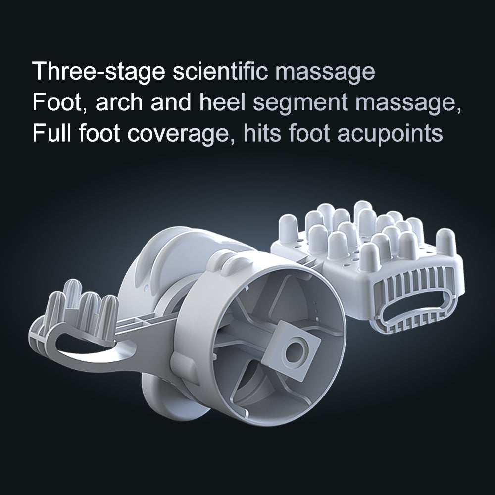 Foot massage device with text on a black background