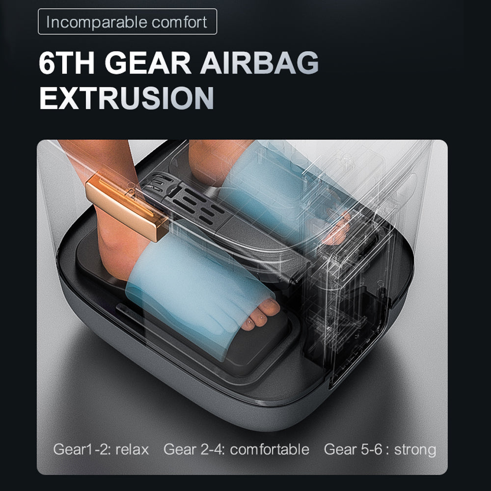 Foot massager with airbag extrusion technology on a black background