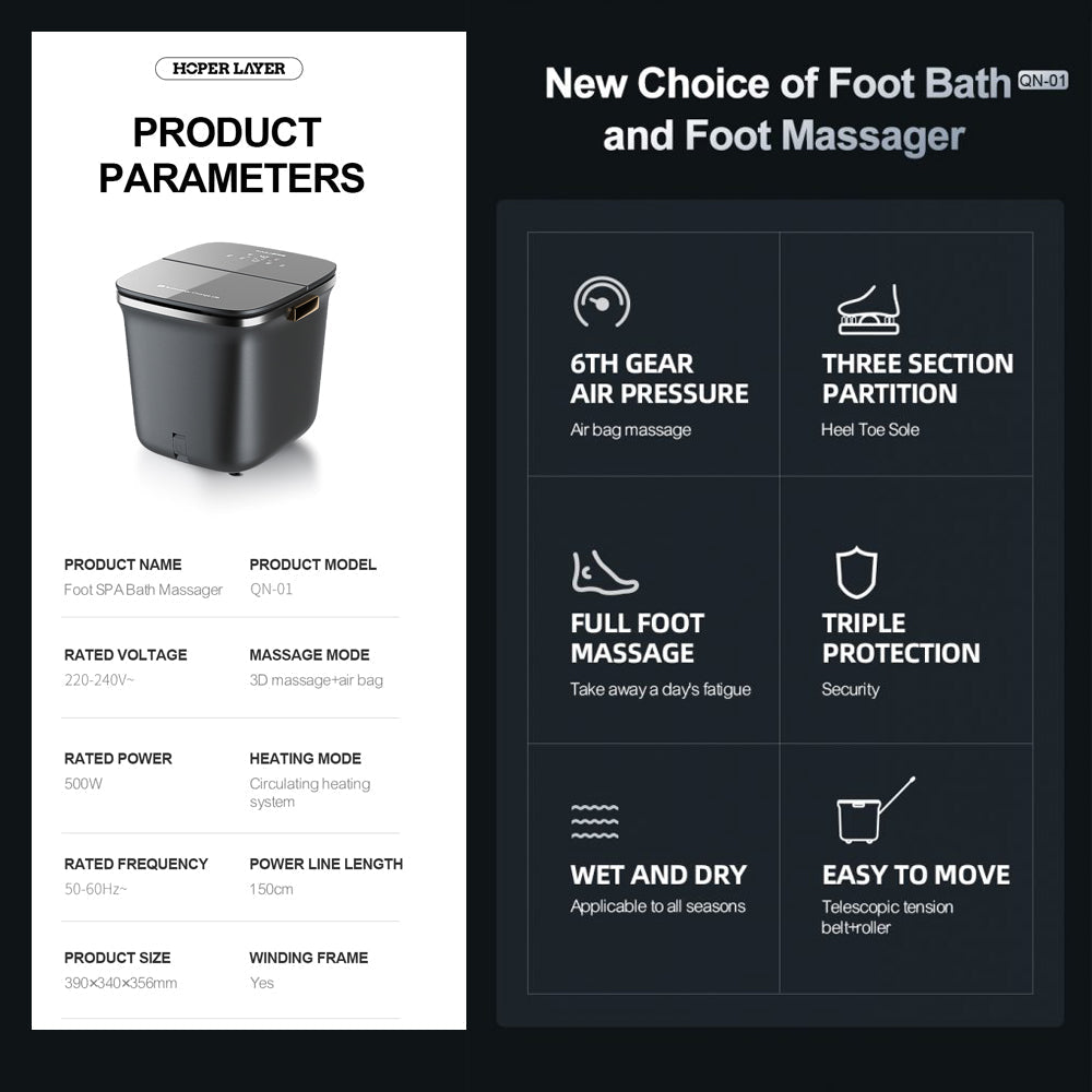 Product parameters and features of a foot bath and foot massager on a black background