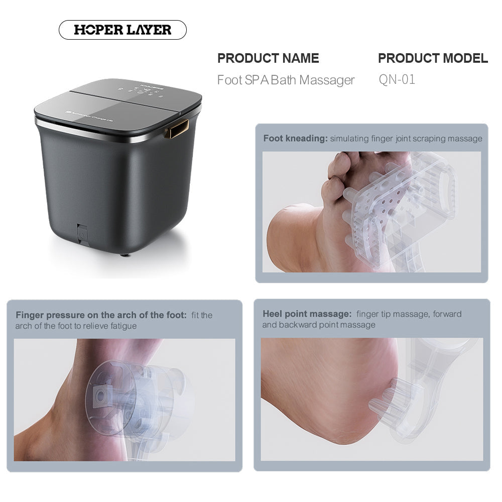 Foot SPA Bath Massager with features and benefits displayed on a white background