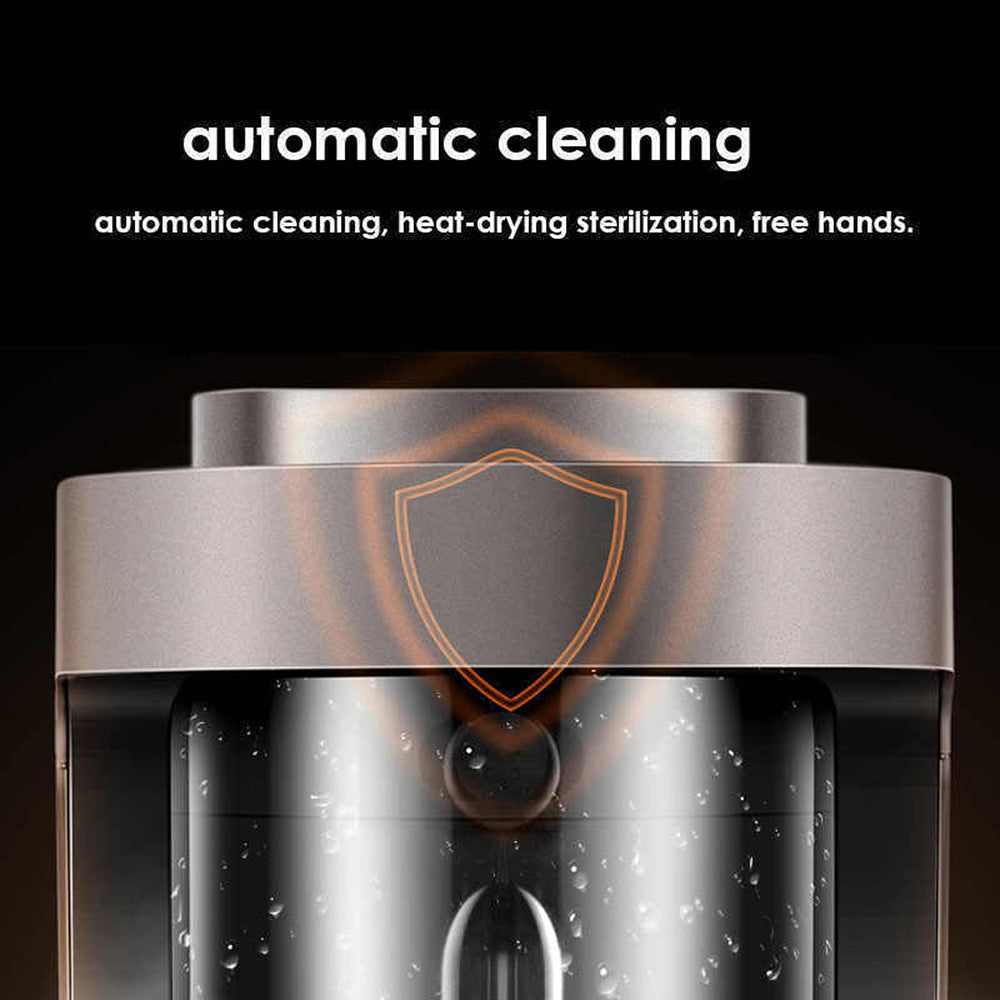 Stainless steel device with shield emblem on a black background, featuring text about automatic cleaning and sterilization.