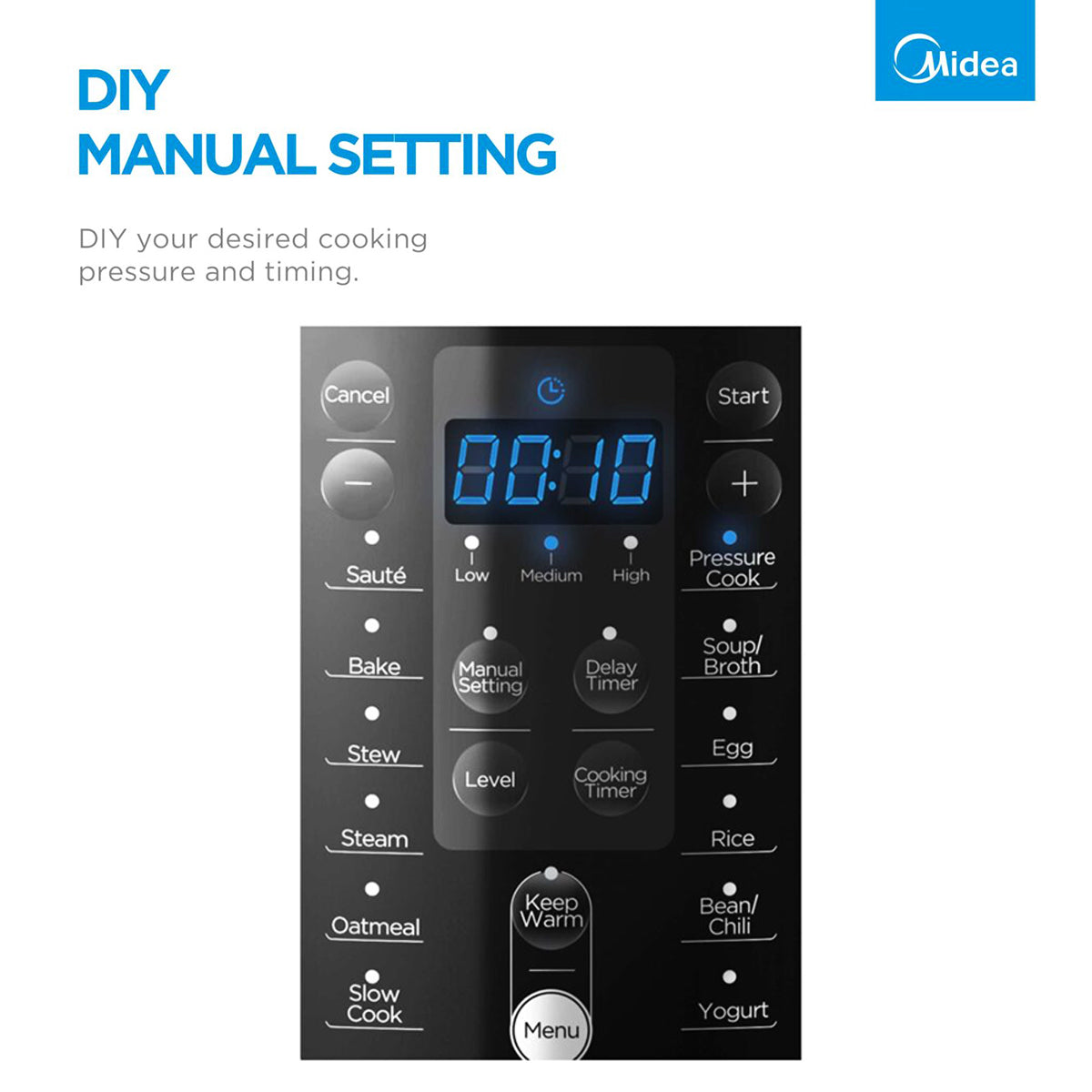 Control panel of a Midea pressure cooker with digital display and buttons.
