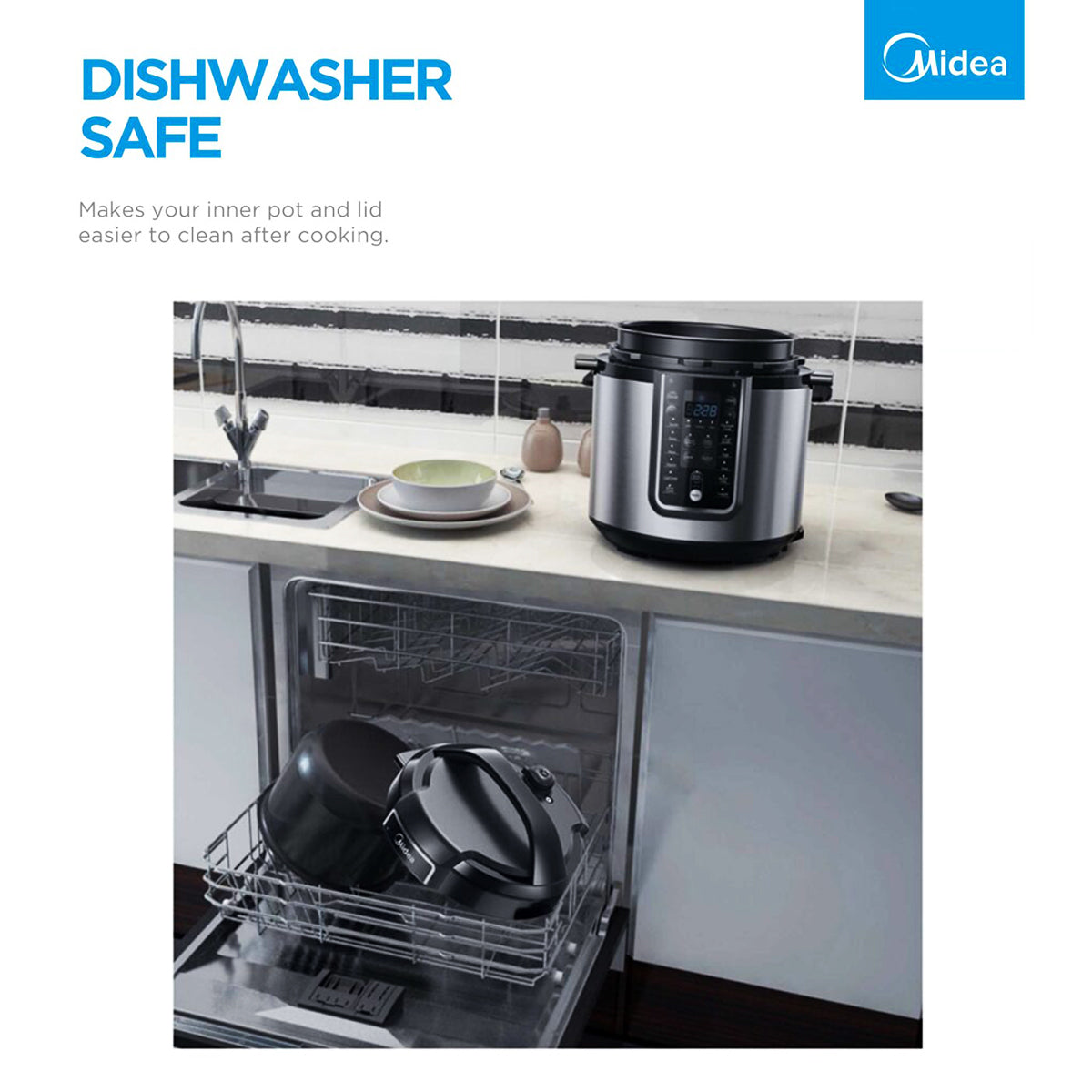 Midea pressure cooker on a kitchen counter with an open dishwasher below.