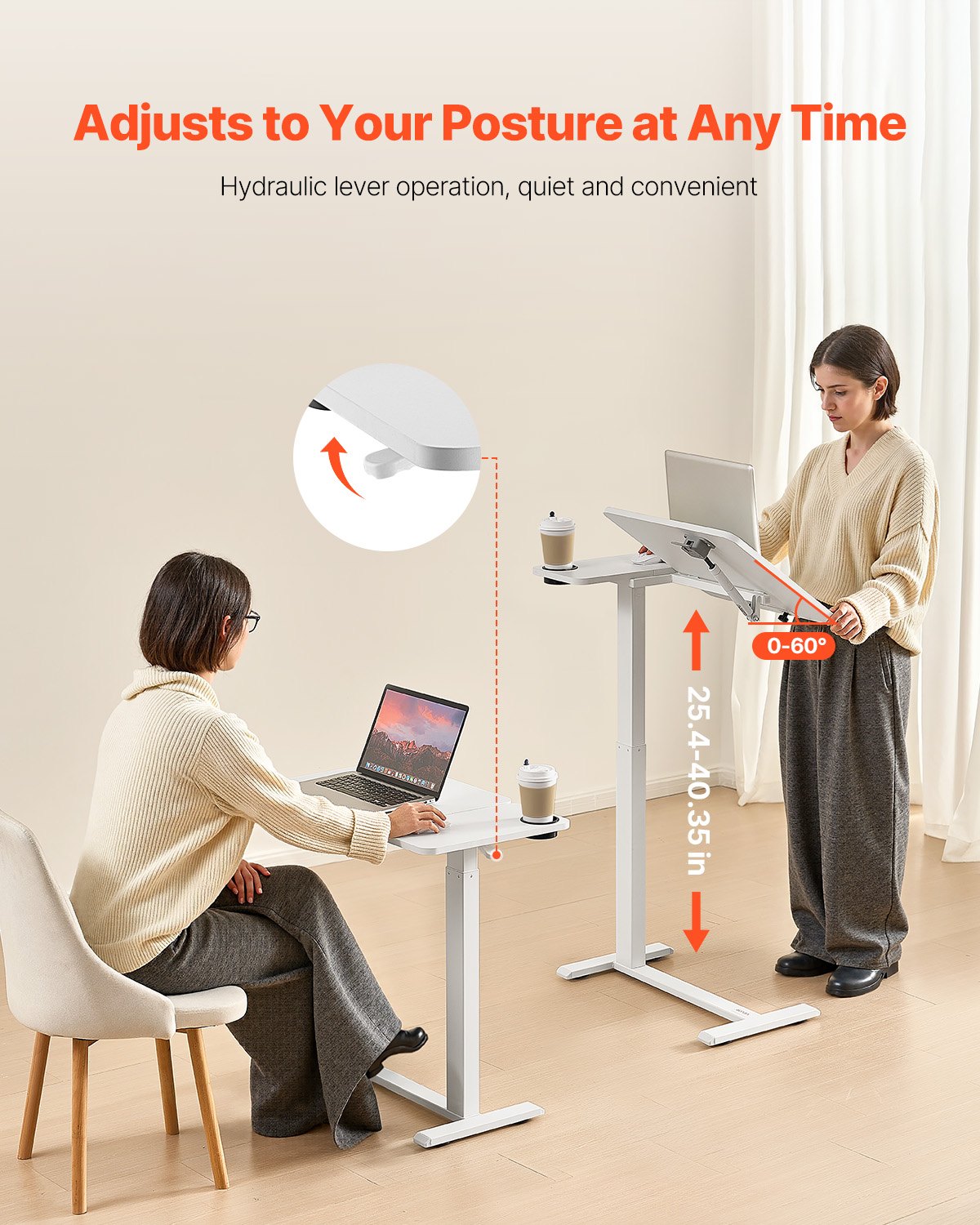 Person using a height-adjustable desk with text highlighting its features.