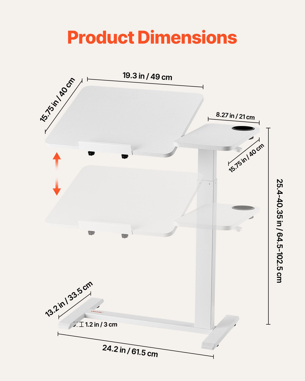 White adjustable desk with dimensions labeled on a white background