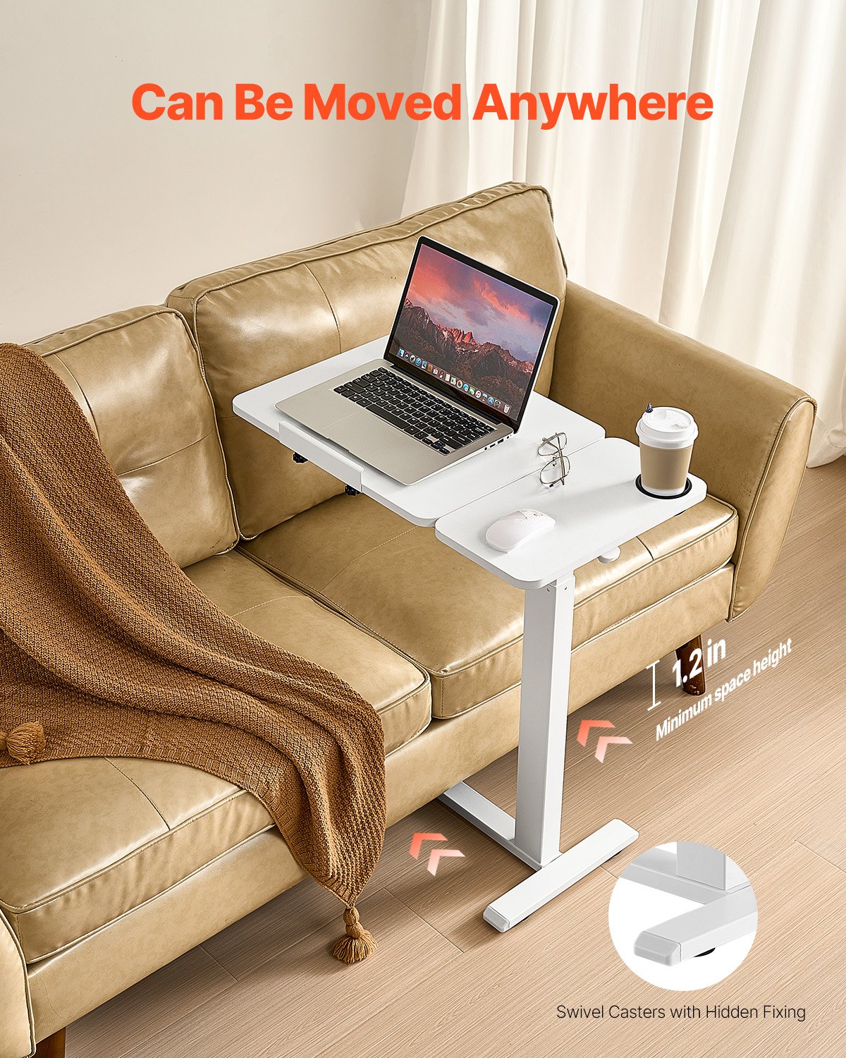 Portable laptop desk on a beige sofa with a laptop, coffee cup, and mouse.