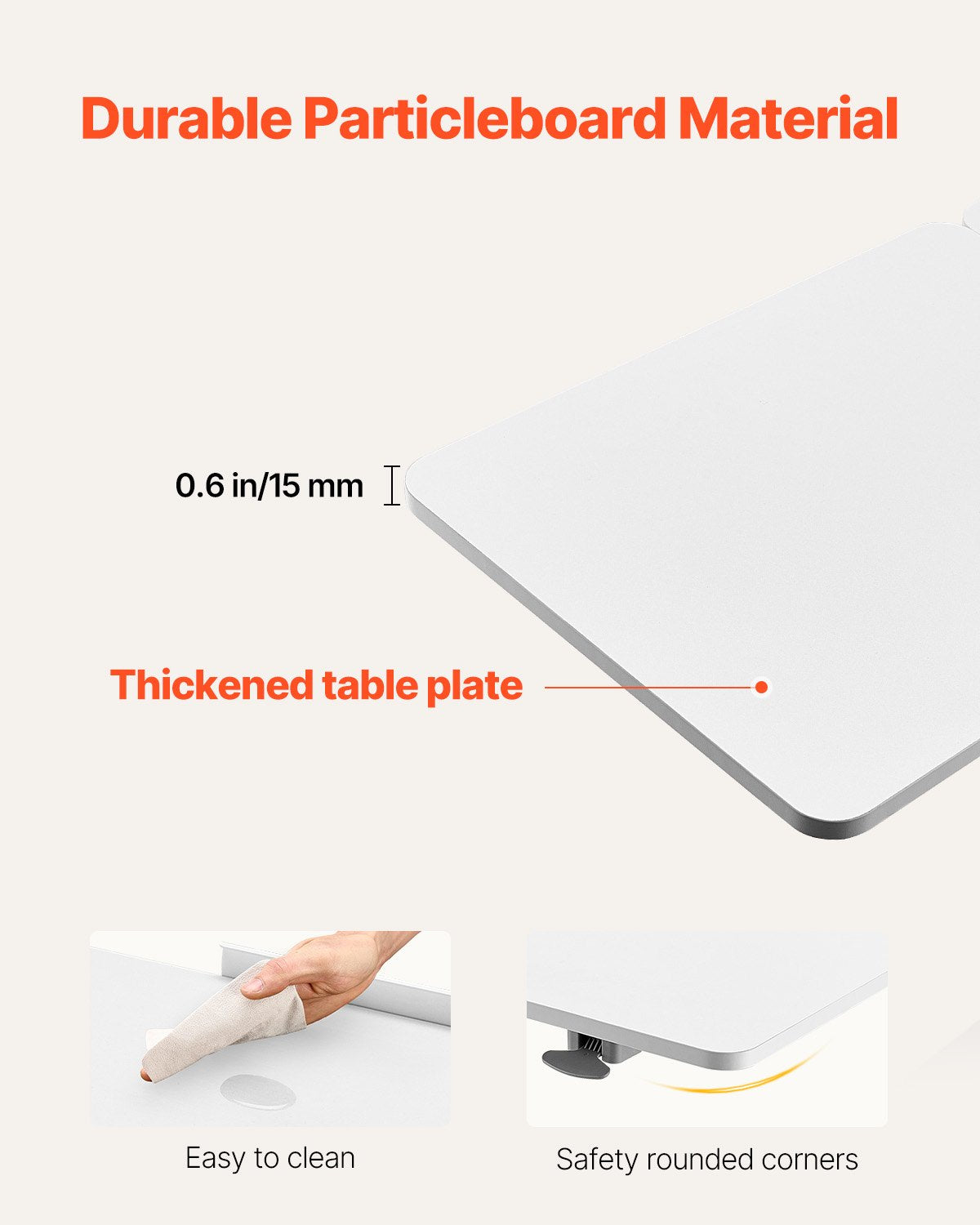 White table with text highlighting durable particleboard material, thickened table plate, safety rounded corners, and ease of cleaning.