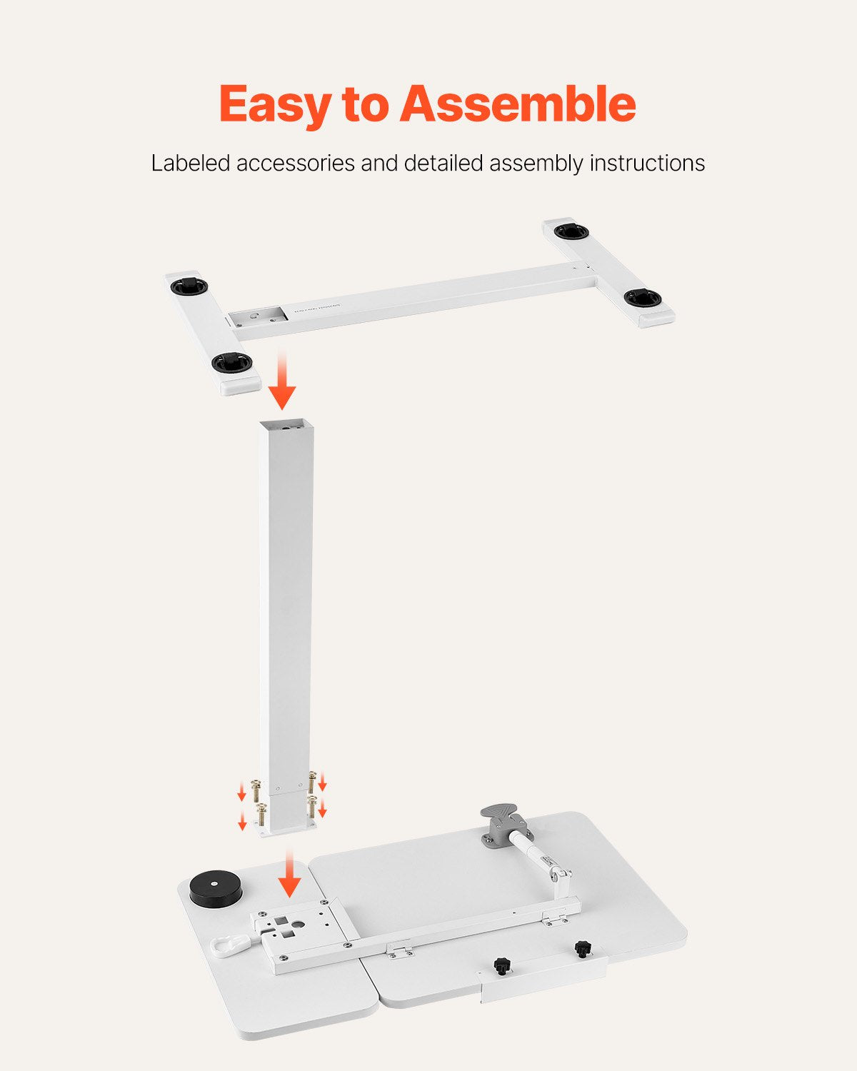 White adjustable stand with labeled parts and assembly instructions on a white background