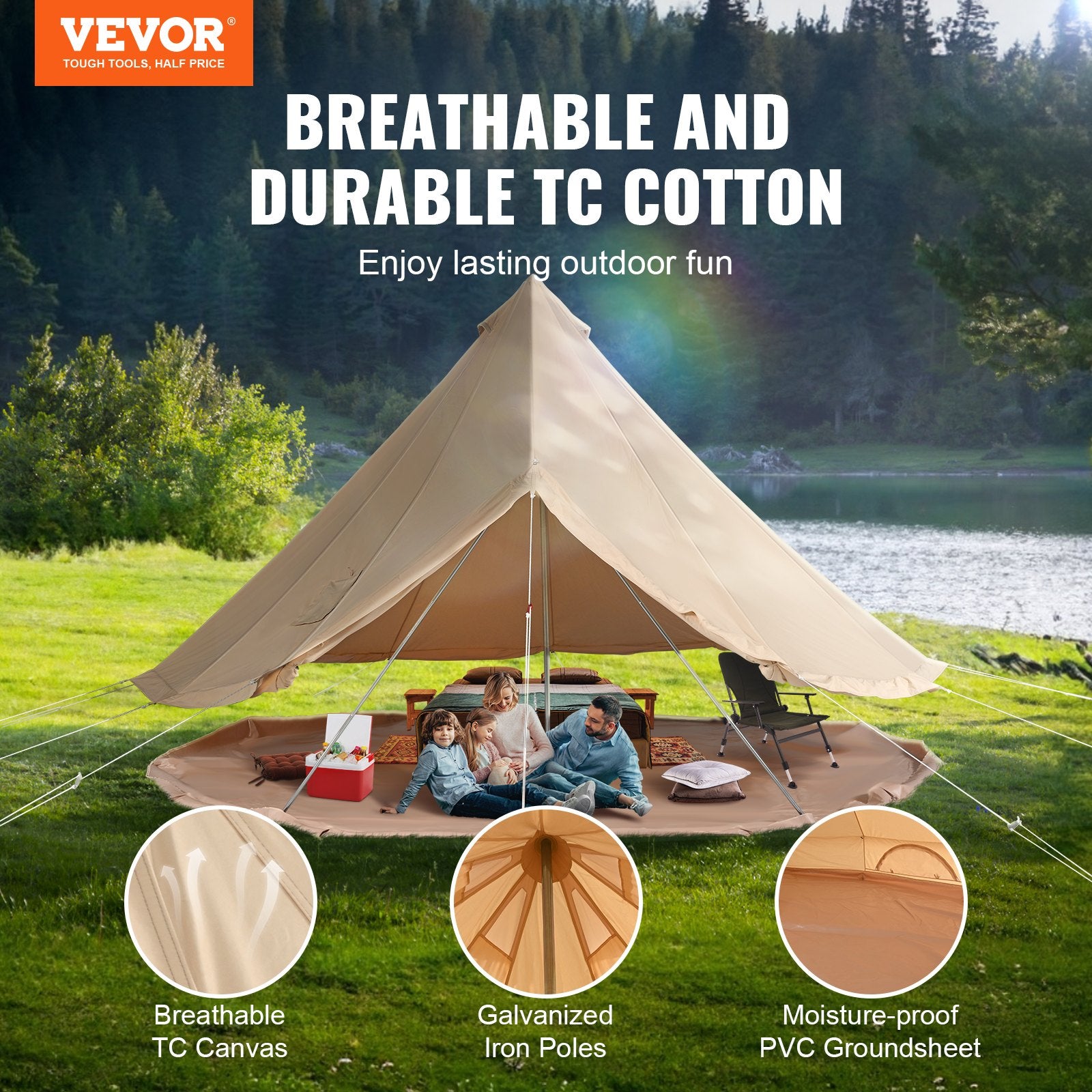 Beige tent with family enjoying outdoor activities in a natural setting, featuring VEVOR branding and product features.