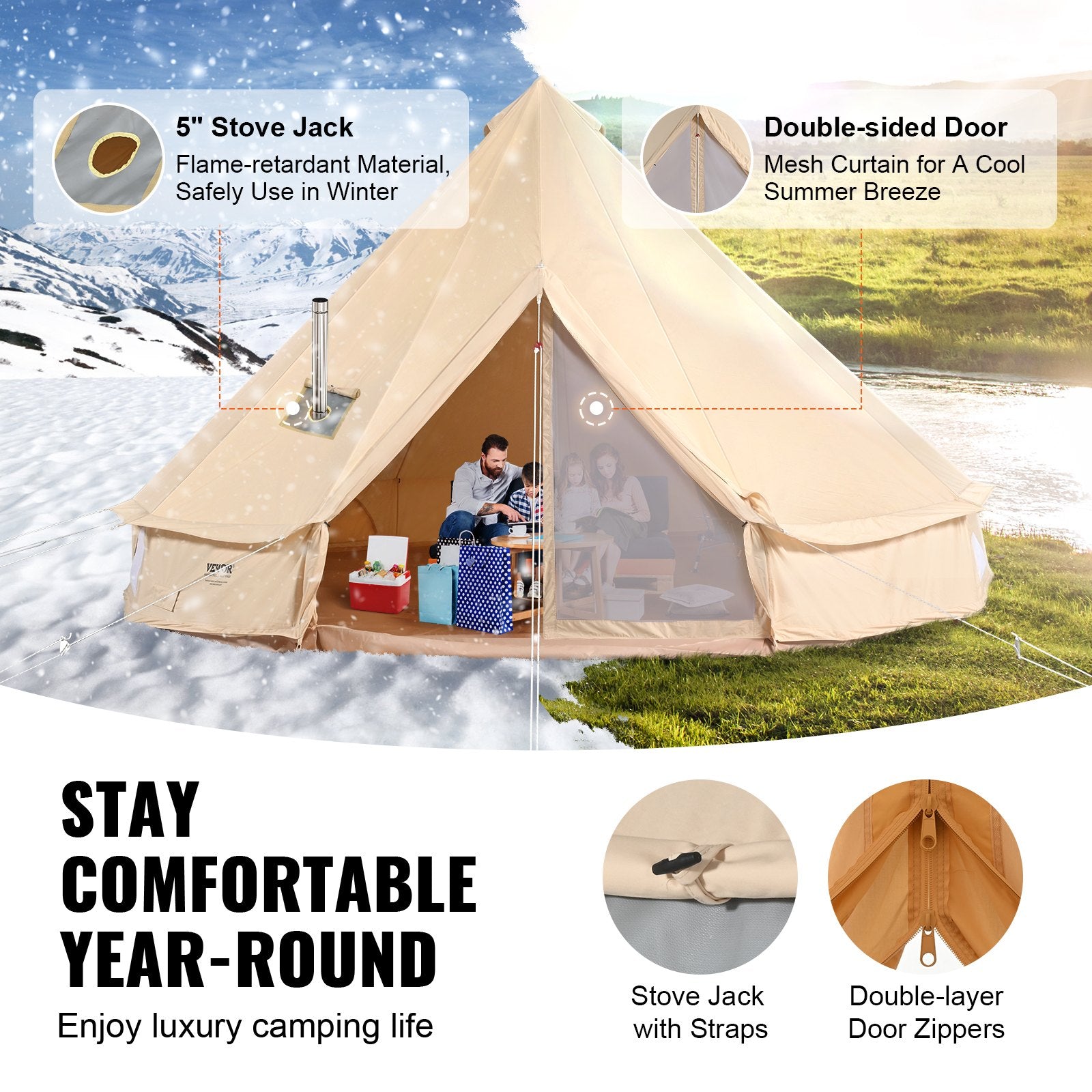Beige camping tent with features highlighted on a snowy and grassy background