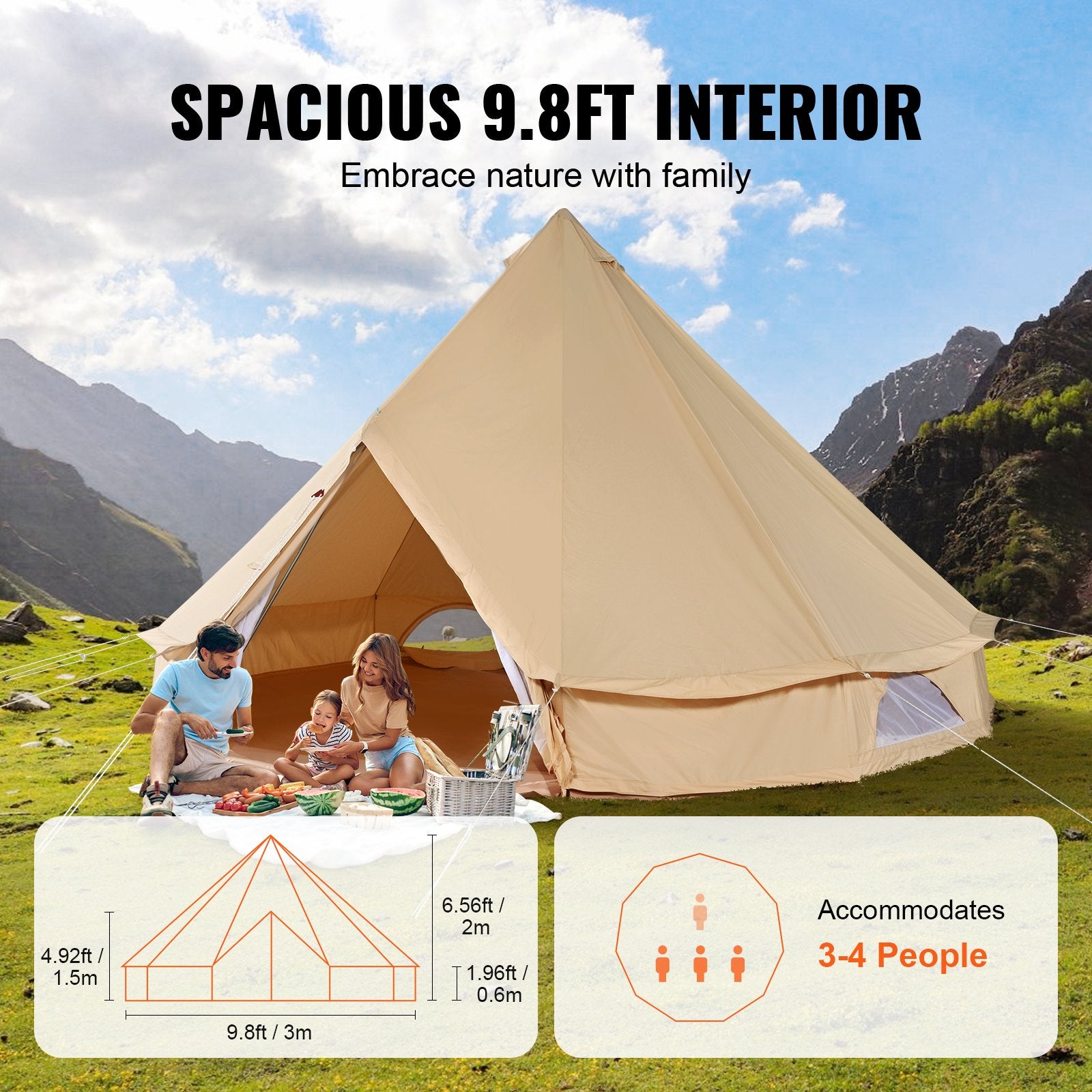 Beige tent with family enjoying nature in a mountainous area, text about spacious interior and family-friendly camping.