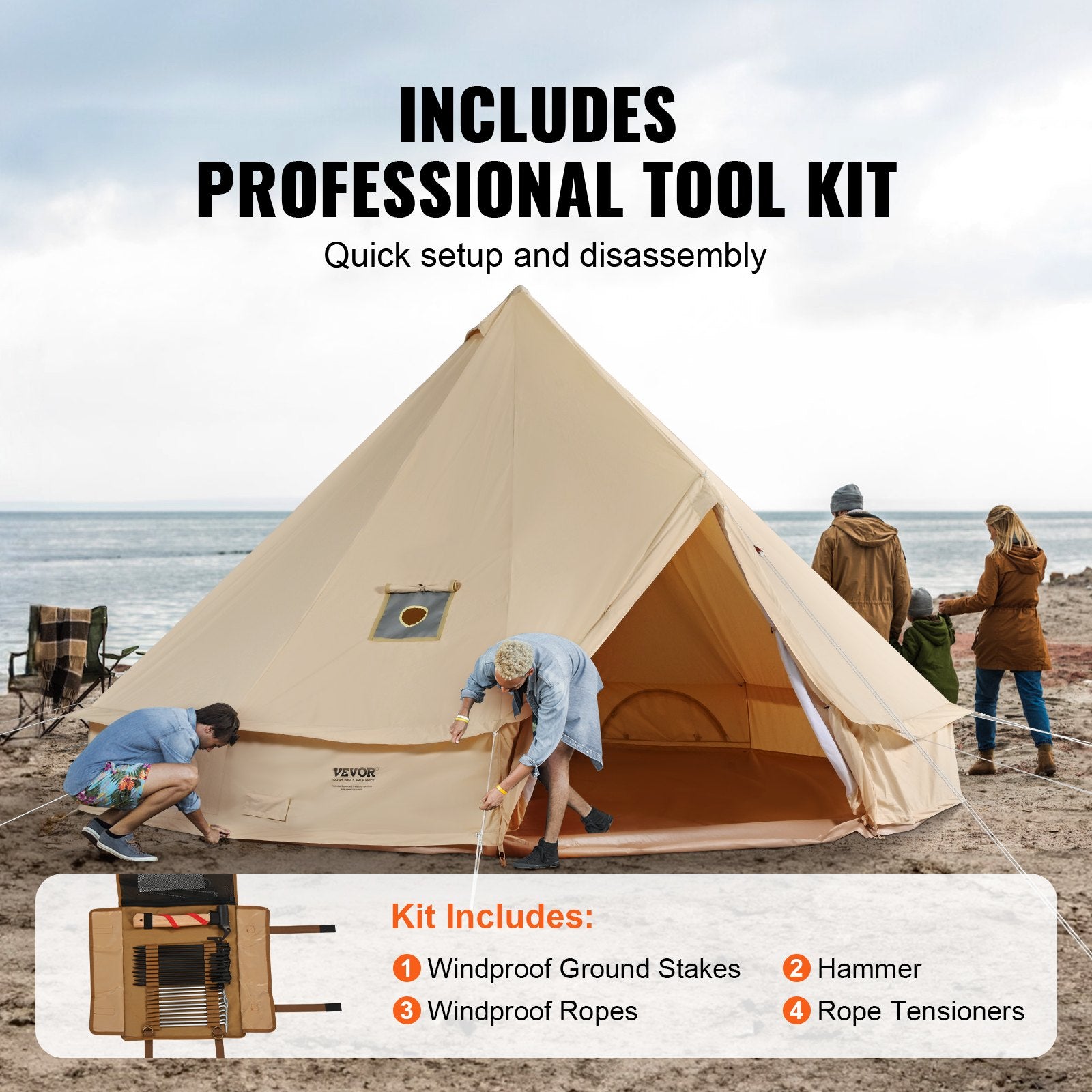 Beige bell tent with people around on a beach, featuring a professional tool kit for quick setup and disassembly.