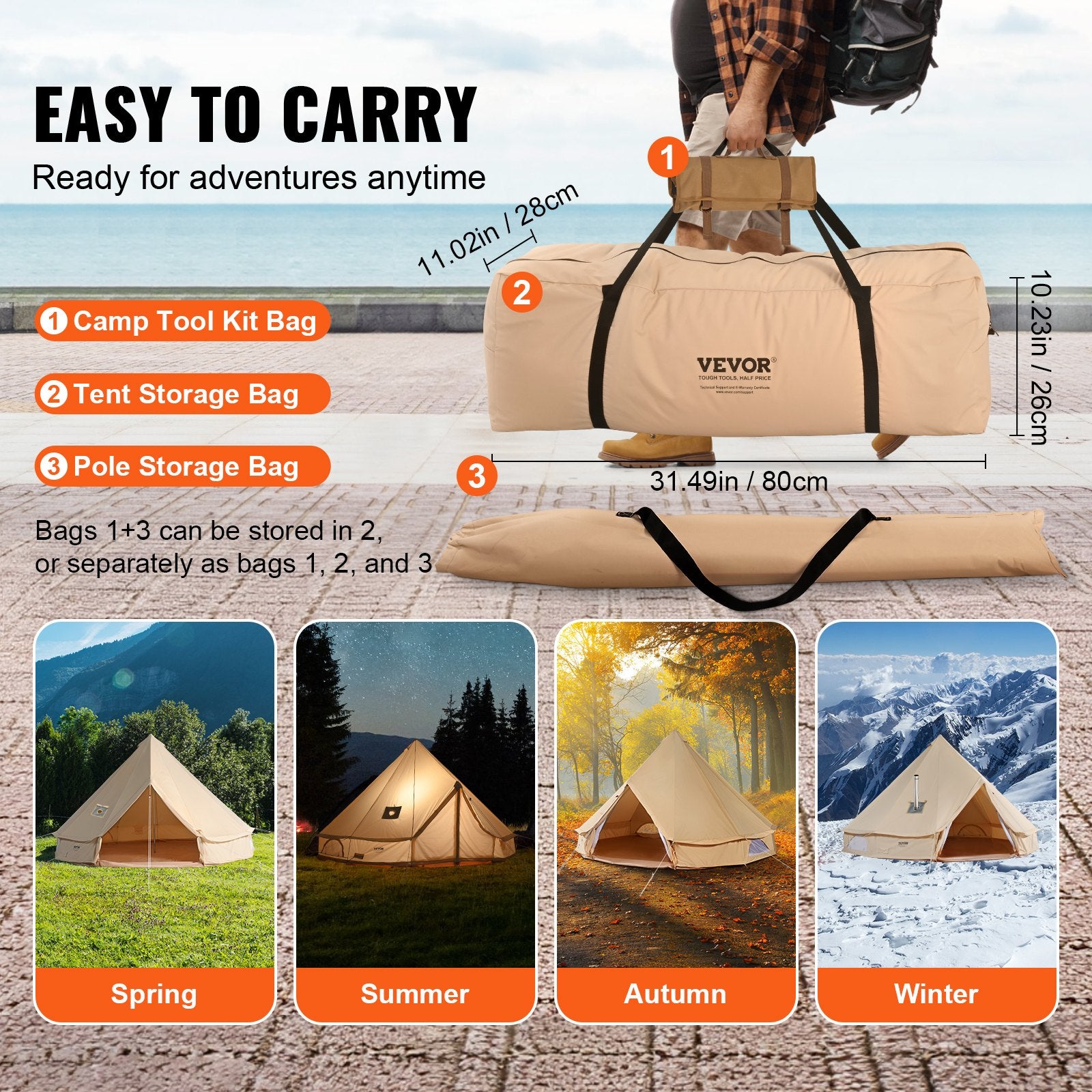 Vevor camping tent storage bag with dimensions and features highlighted, including a person carrying the bag.
