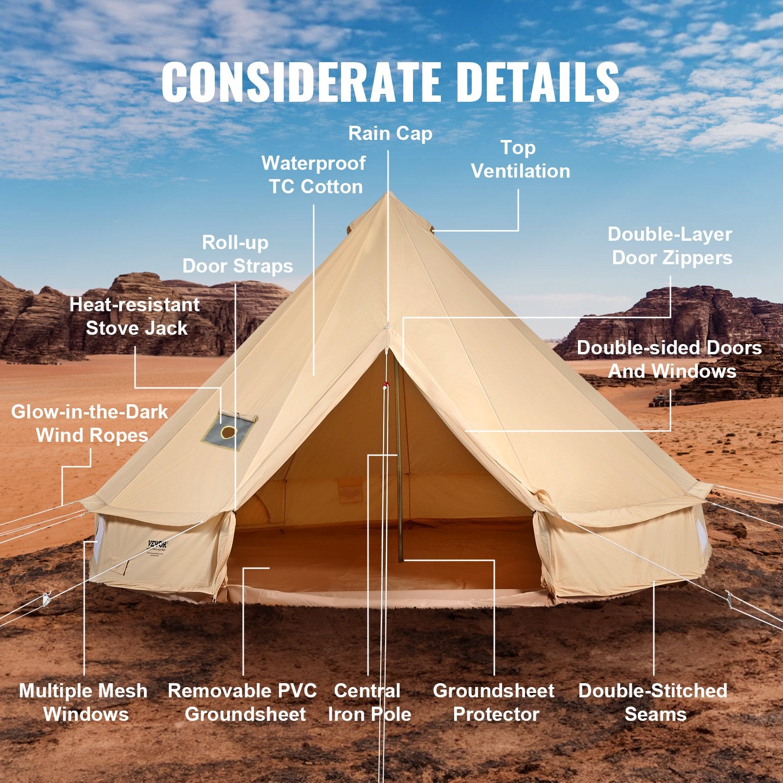 Beige tent with labeled features against a desert landscape