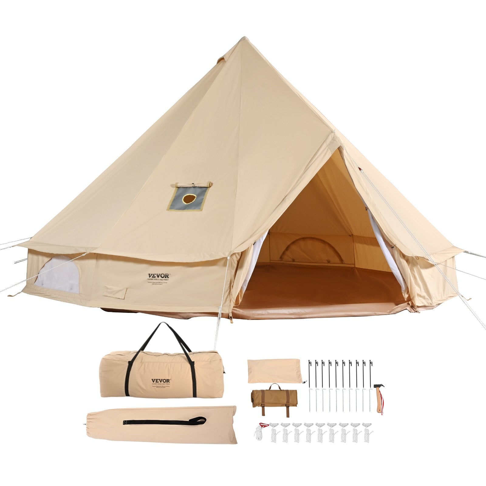 Beige camping tent with accessories on a white background