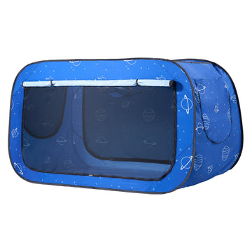 Blue pet carrier with space-themed design on a white background