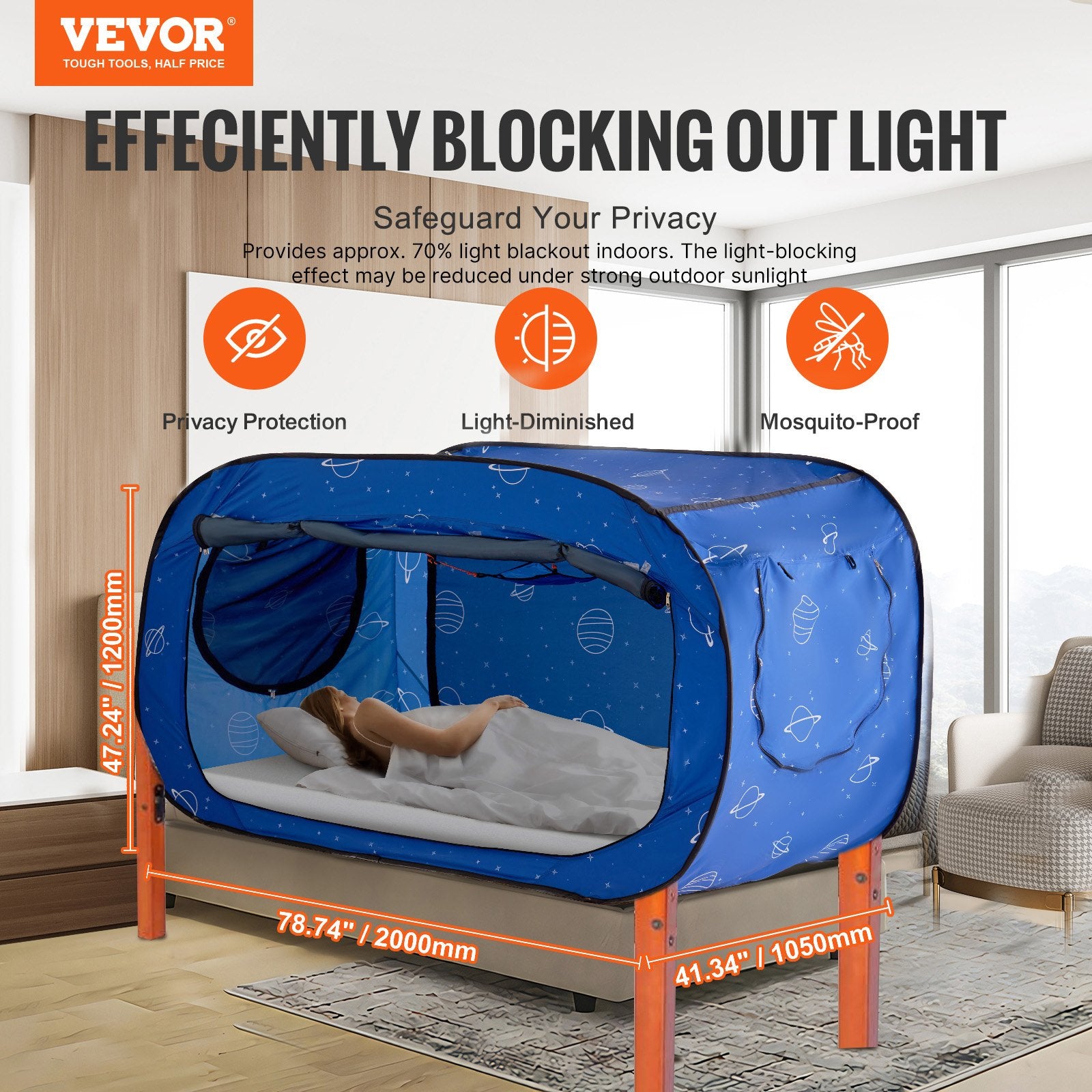 Blue pop-up tent with measurements in a room, featuring VEVOR branding.