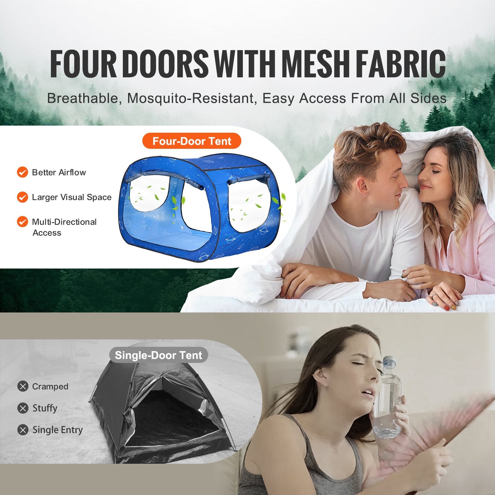 Comparison of Four-Door Tent with Mesh Fabric and Single-Door Tent, showing benefits and drawbacks.