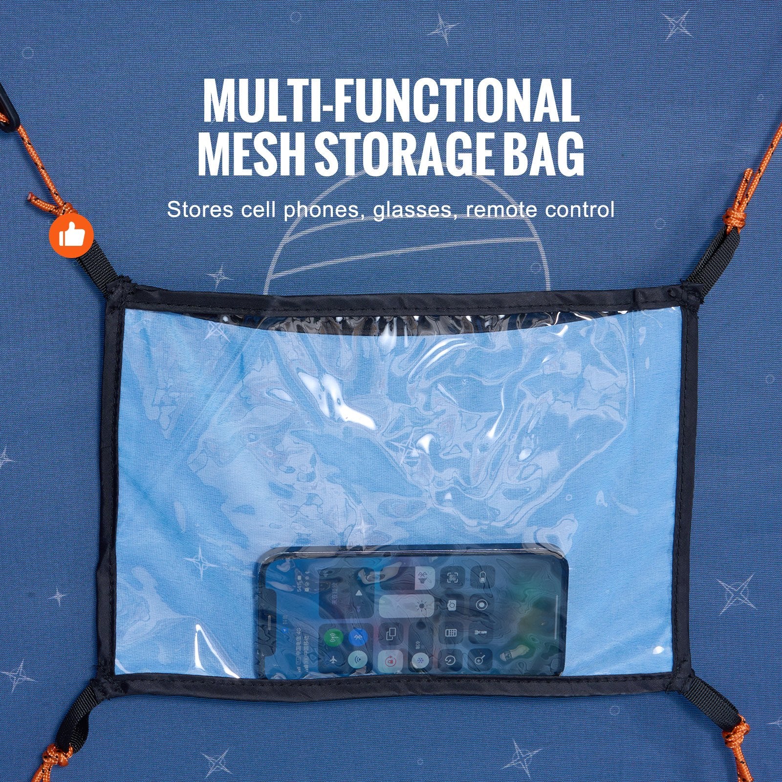 Multi-functional mesh storage bag with a smartphone inside on a blue background