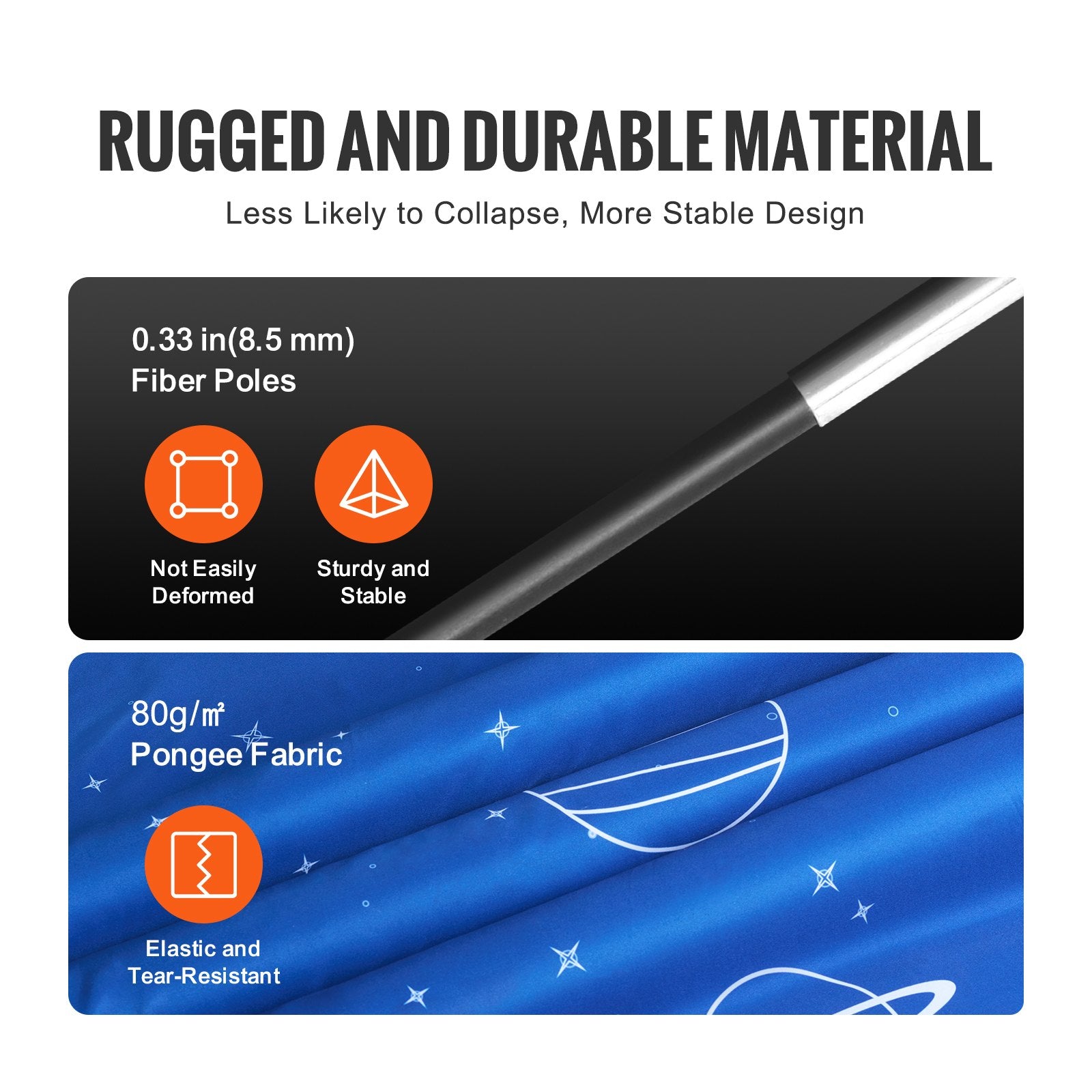 Product features with fiber poles and pongee fabric on a white background
