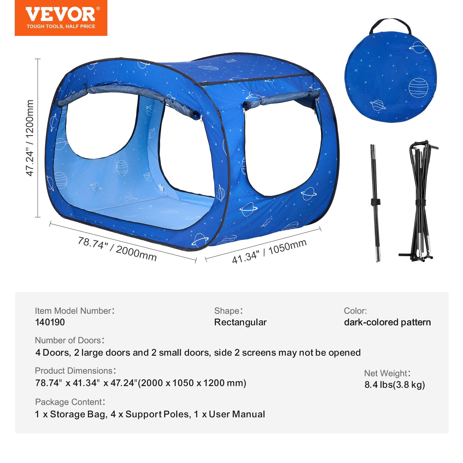 Blue rectangular pop-up tent with dimensions, VEVOR branding, and accessories on a white background