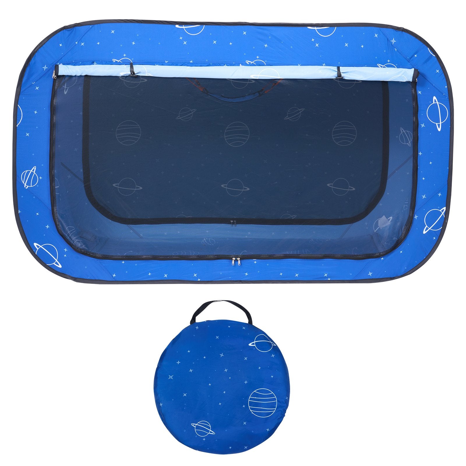 Blue pet playpen with space-themed design and matching carrying bag on a white background