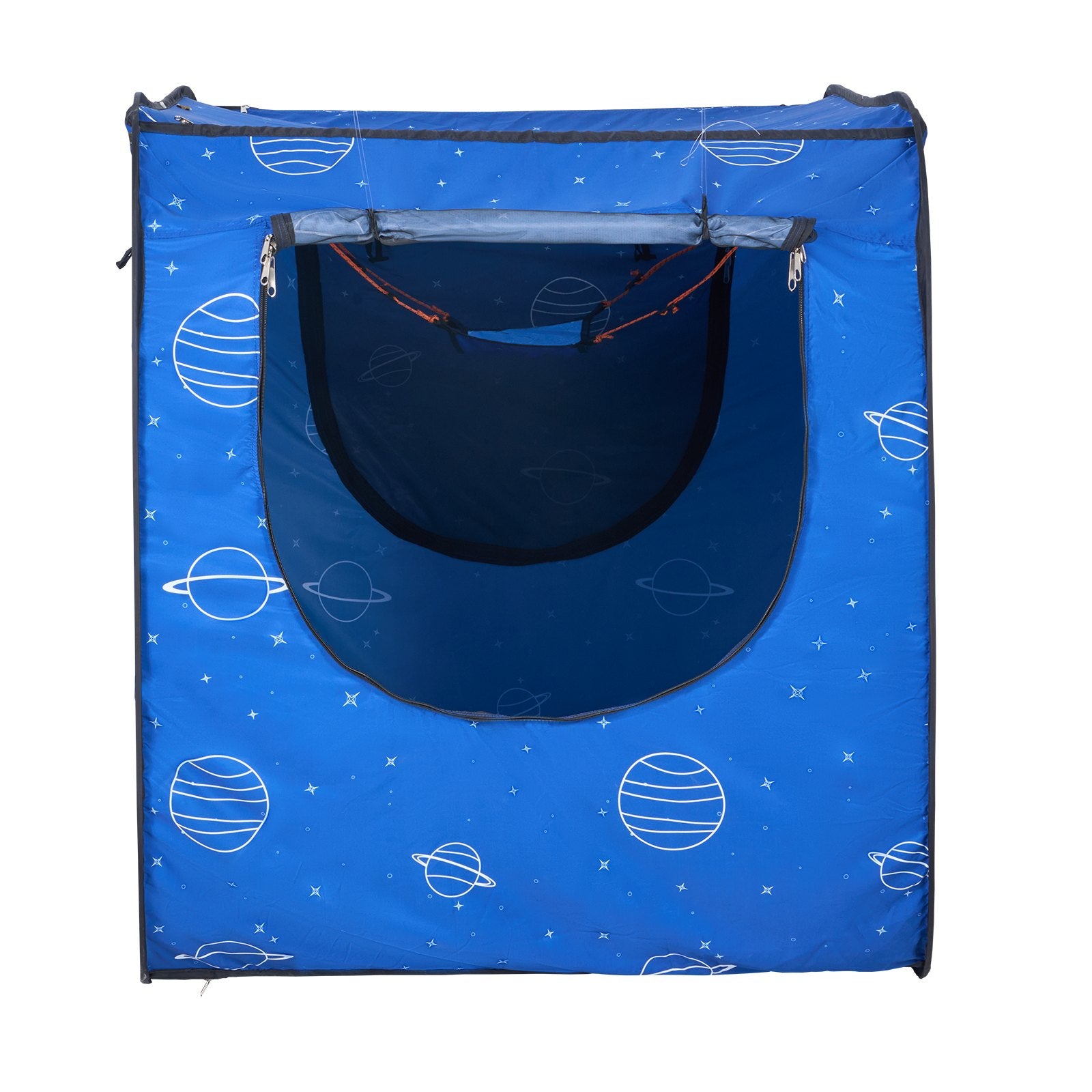 Blue play tent with space-themed design on a white background