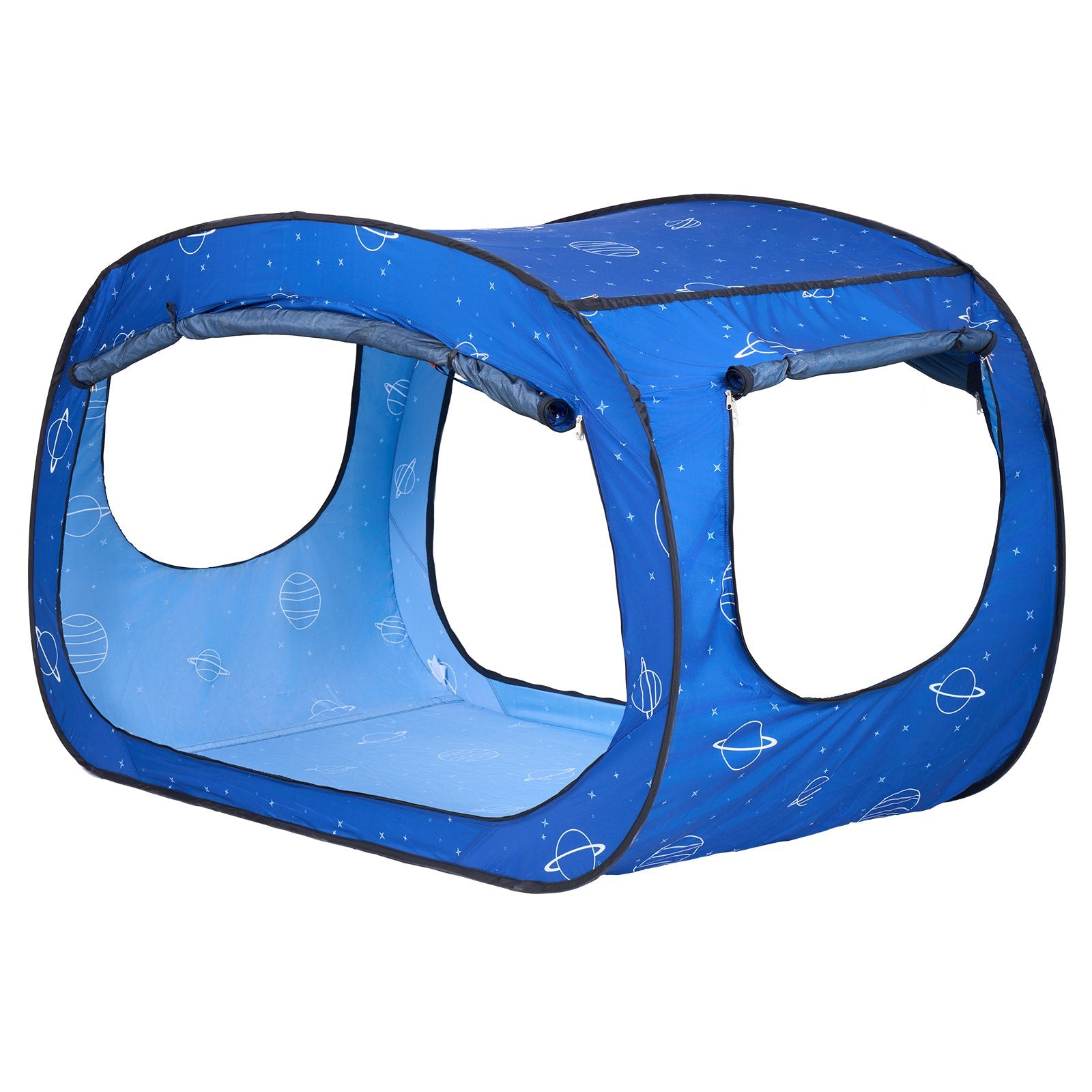 Blue space-themed play tent with planets and stars on a white background