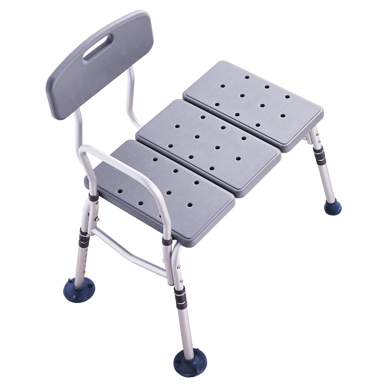 Gray adjustable shower seat with backrest on a white background
