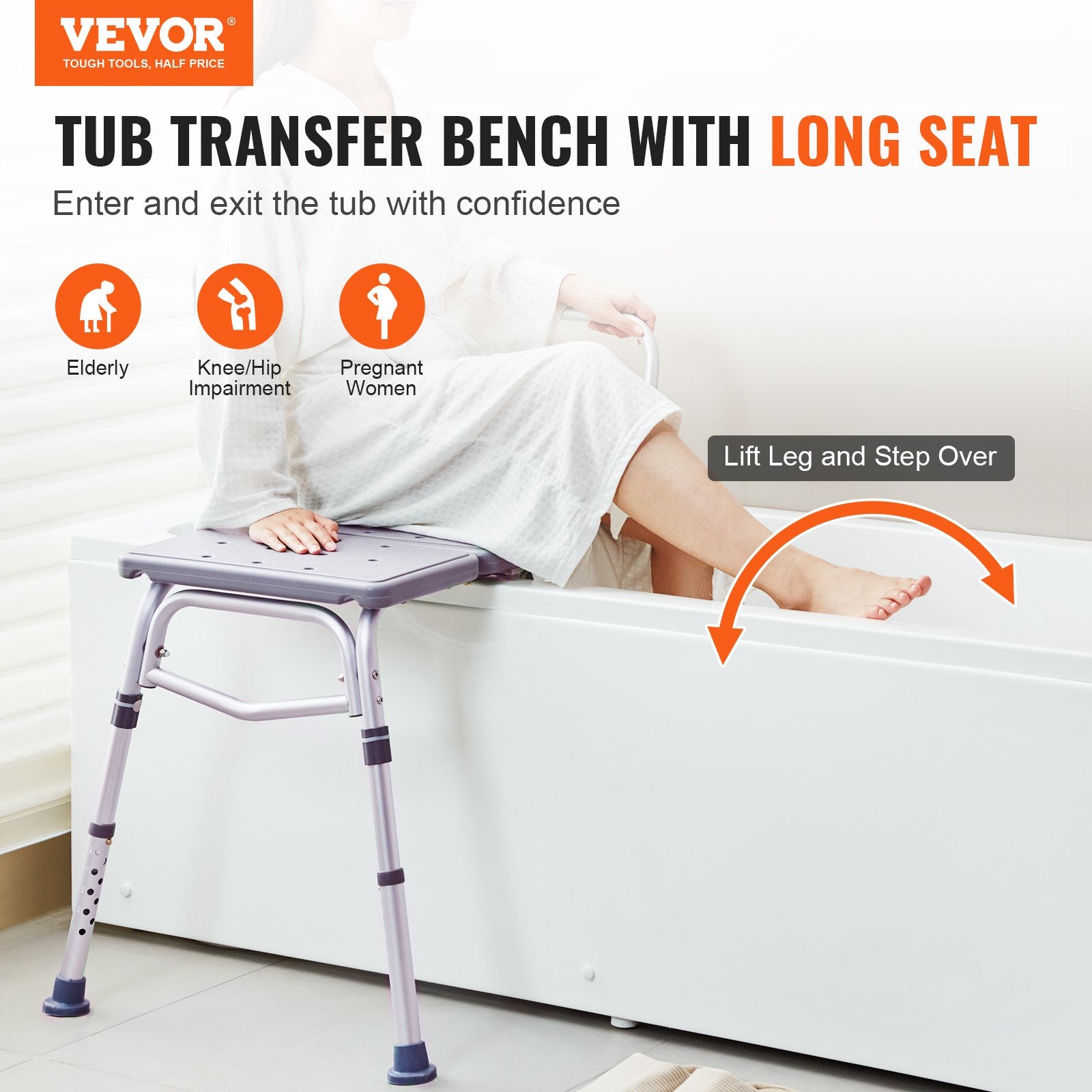 Vevor tub transfer bench with long seat being used by a person in a bathtub.