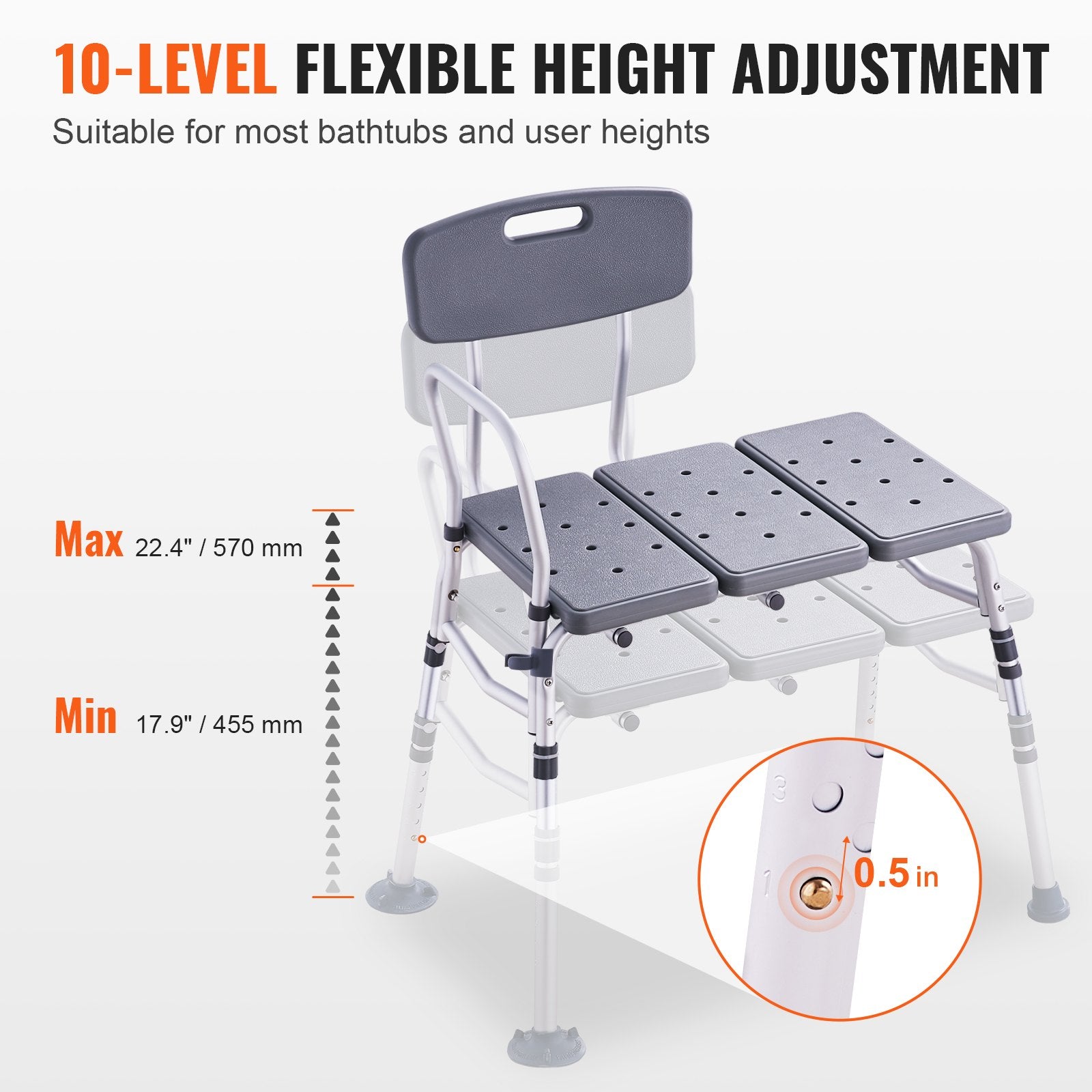 Bath chair with flexible height adjustment feature on a white background